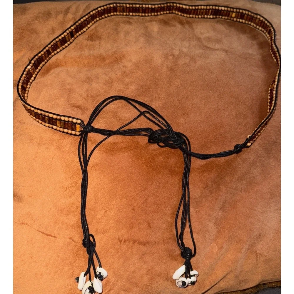 Hand Crafted African Beaded Cowrie Shell Tie Belt Boho Festival Hippie